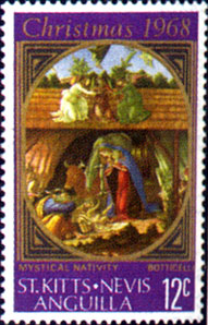 St. Kitts-Nevis and Anguilla issed this 1968 postage stamp issue depicting a cropped version of the Mystic Nativity by Sandro Botticelli. 