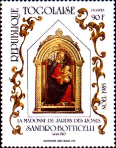 Postage stamp issued by Togo depicting a scaled down version of the Madonna of the Rose Garden by Sandro Botticelli.
