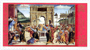 Postage stamp issued by the Vatican depicting Dante and Three Beasts at the Entrance to the Inferno.