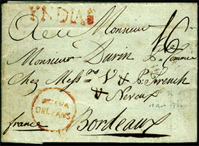 April 19, 1790 folded letter to Bordeaux, France, also shows a manuscript “16” decimes due and a red “YNDIAS”
handstamp