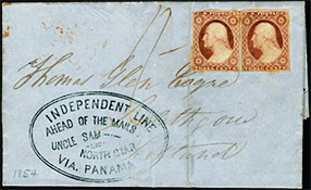 folded letter with an “Independent
Line, Ahead
of the Mails,
Via Panama,
Uncle Sam
and Nor t h
Star” double
oval handstamp