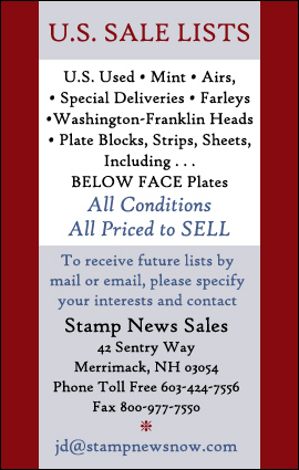 U.S. Stamp Sale Lists - US Used Stamps, Mint Stamps, Airs, Special Deliveries, Farleys, Washington-Francklin Heads, Plate Blocks - Strips, Sheets