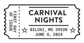 Carnival Nights cancel in black and white, USPS
